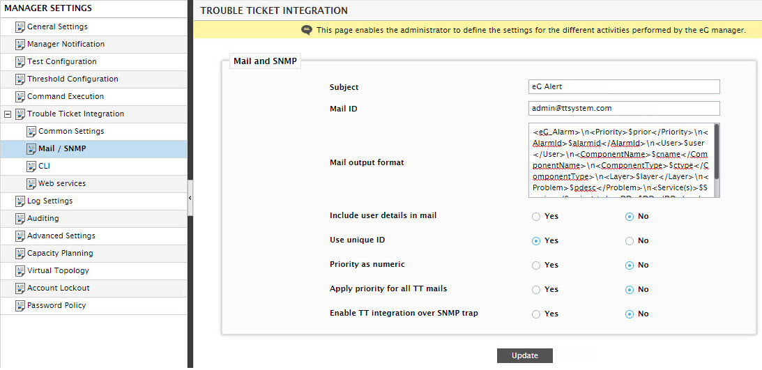 Option to enable TT integration over SNMP traps