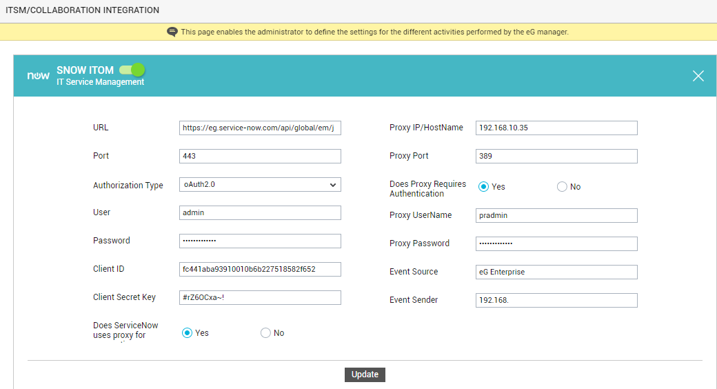 Configuring integration with SNOW ITOM