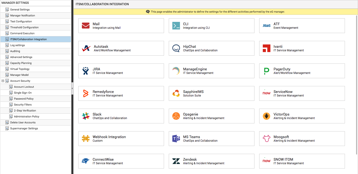  ITSM/Collaboration integration page in Manager settings