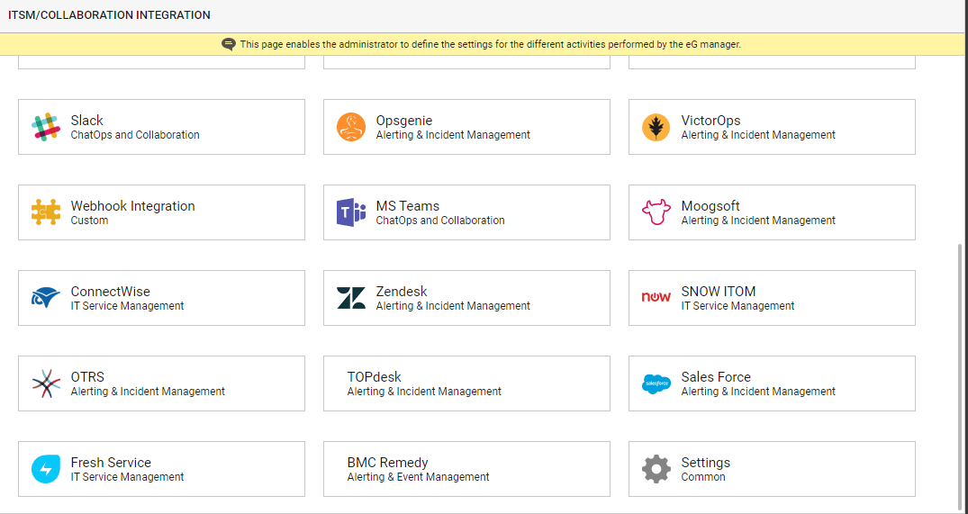ITSM/Collaboration integration page in Manager settings