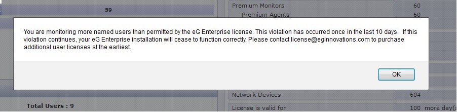Warning message alert when Named User/VM license is violated once in last 14 days