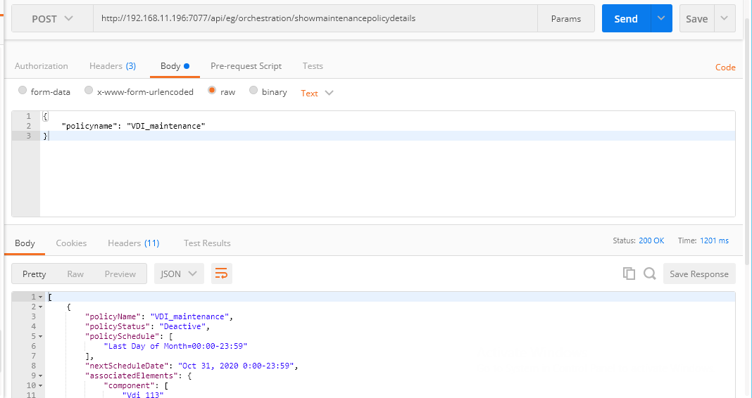 Displaying Maintenance Policy Details Using Postman REST Client