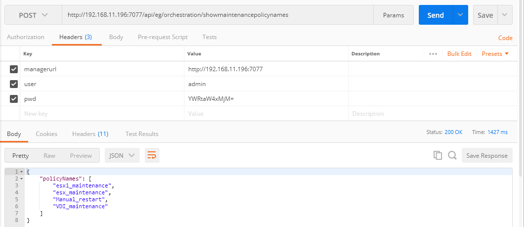 Displaying Maintenance Policies Using Postman REST Client