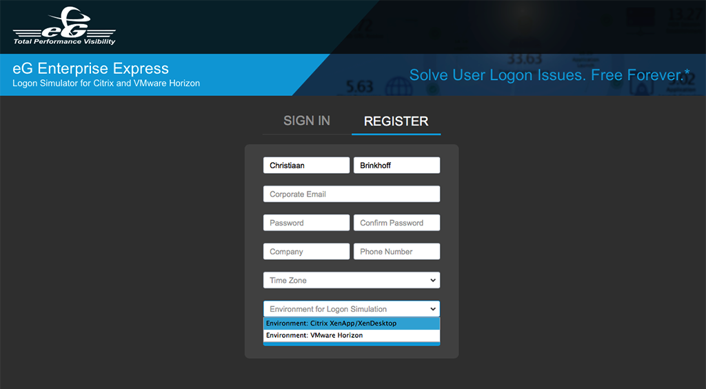 Cloud registration form for Citrix logon