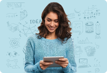 Woman using tablet with idea graphics
